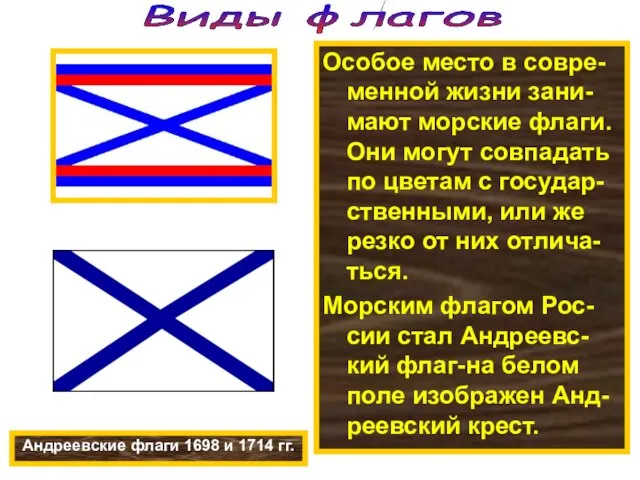 Особое место в совре-менной жизни зани-мают морские флаги. Они могут совпадать по