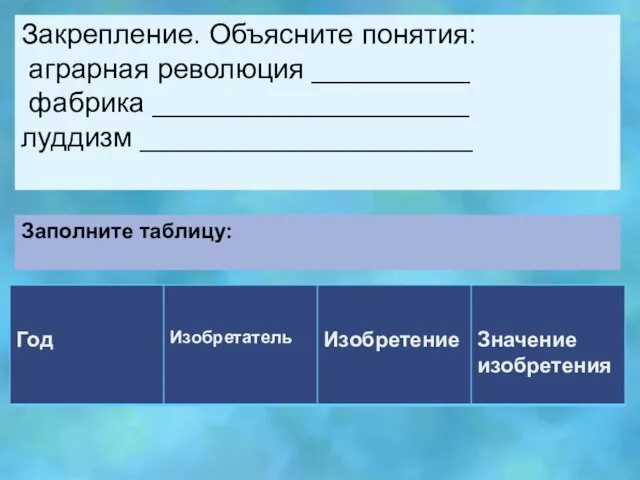 Закрепление. Объясните понятия: аграрная революция __________ фабрика ____________________ луддизм _____________________ Заполните таблицу: