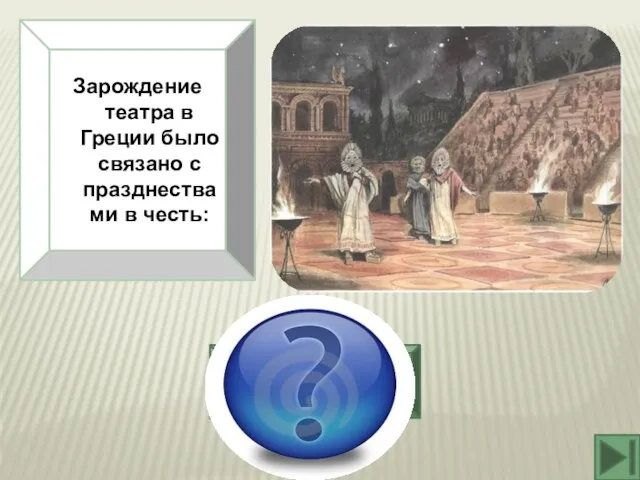 Зарождение театра в Греции было связано с празднествами в честь: Бога виноделия Диониса