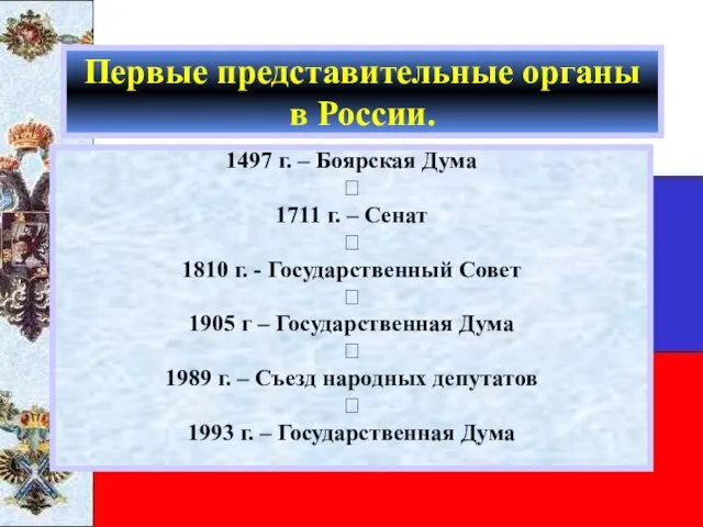 Первые представительные органы в России. 1497 г. – Боярская Дума ? 1711