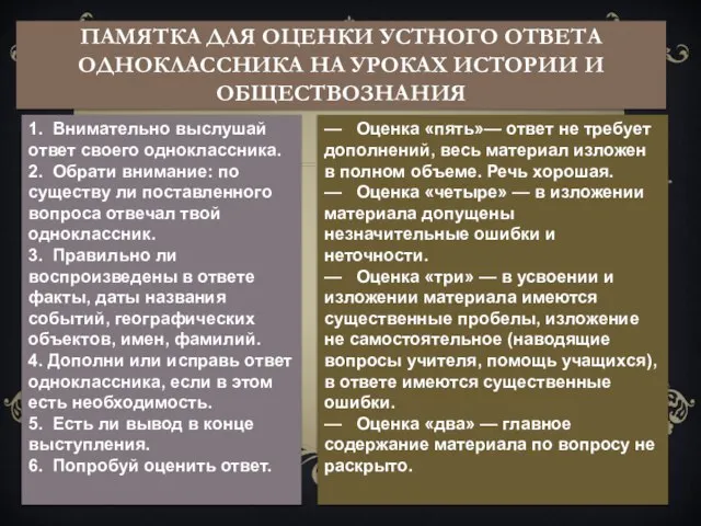 Памятка для оценки устного ответа одноклассника на уроках истории и обществознания 1.