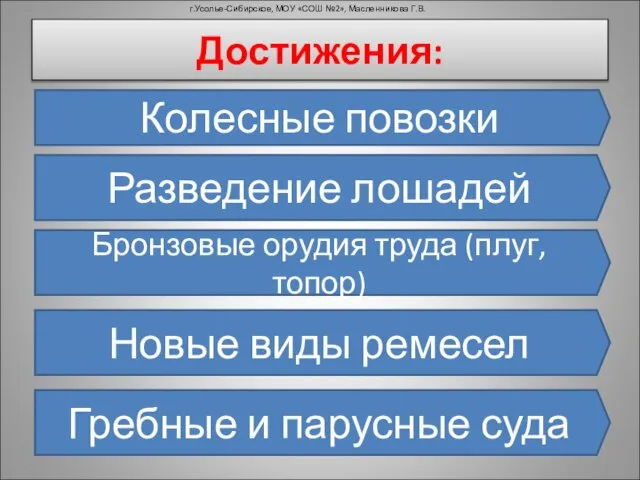 Достижения: Колесные повозки Разведение лошадей Бронзовые орудия труда (плуг, топор) Новые виды