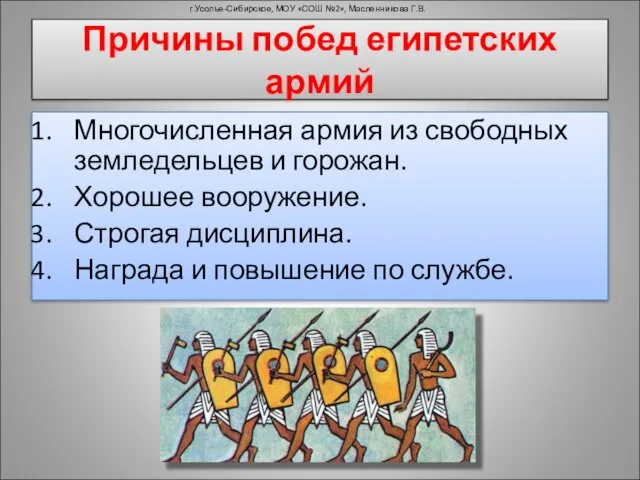 Причины побед египетских армий Многочисленная армия из свободных земледельцев и горожан. Хорошее