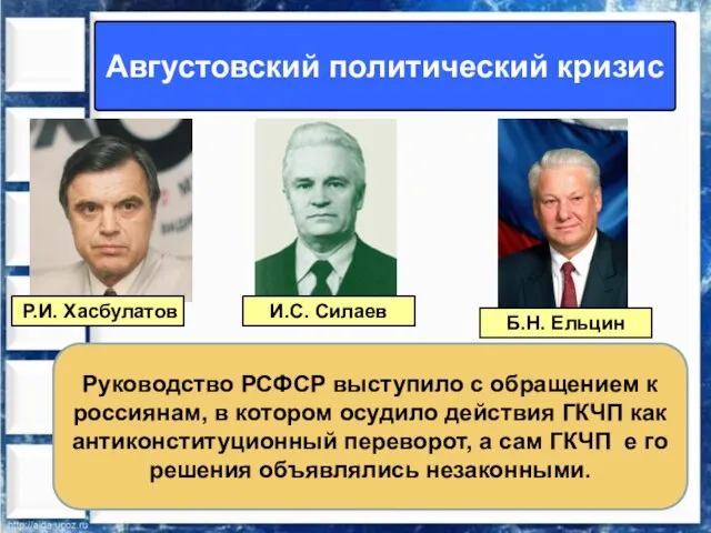 Августовский политический кризис Р.И. Хасбулатов И.С. Силаев Б.Н. Ельцин Руководство РСФСР выступило