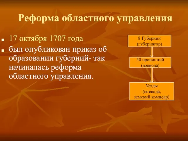 Реформа областного управления 17 октября 1707 года был опубликован приказ об образовании