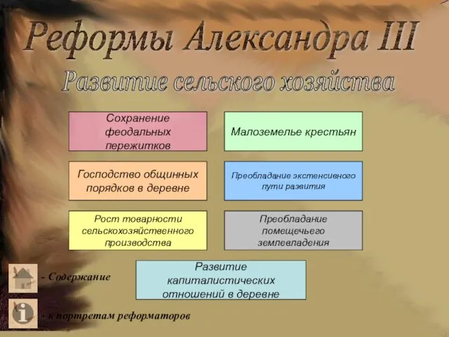 Реформы Александра III Развитие сельского хозяйства Сохранение феодальных пережитков Малоземелье крестьян Господство