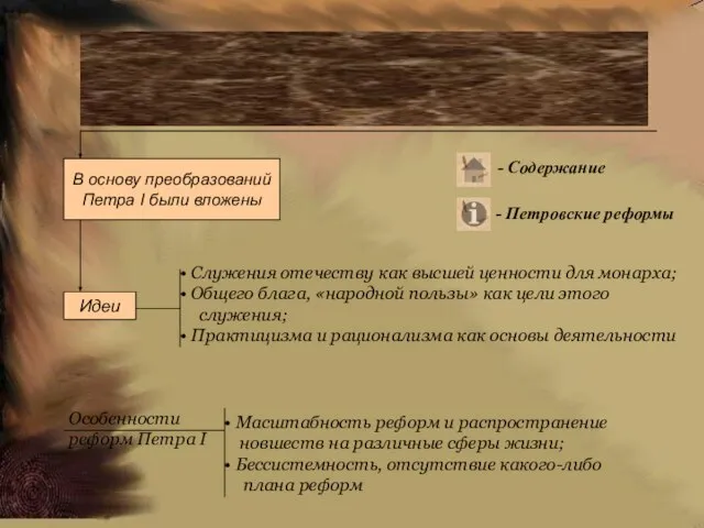 Сущность и особенности Петровских преобразований В основу преобразований Петра I были вложены