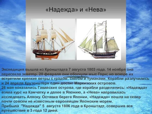 Экспедиция вышла из Кронштадта 7 августа 1803 года. 14 ноября она пересекла