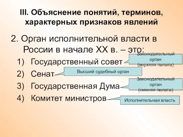 III. Объяснение понятий, терминов, характерных признаков явлений 2. Орган исполнительной власти в