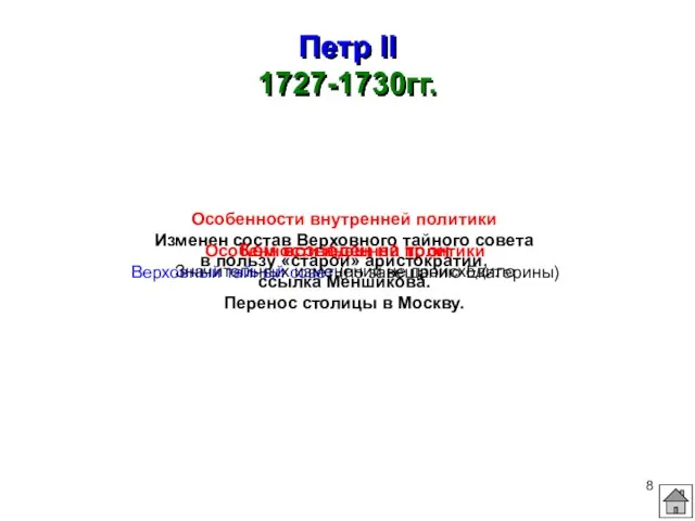 Петр II 1727-1730гг. Кем возведен на трон Верховный тайный совет (по завещанию