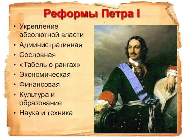 Реформы Петра I Укрепление абсолютной власти Административная Сословная «Табель о рангах» Экономическая