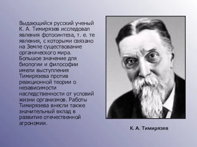 Выдающийся русский ученый К. А. Тимирязев исследовал явления фотосинтеза, т. е. те
