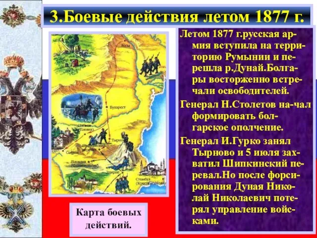 Карта боевых действий. Летом 1877 г.русская ар-мия вступила на терри-торию Румынии и