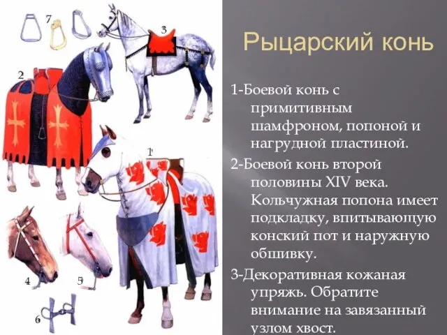 Рыцарский конь 1-Боевой конь с примитивным шамфроном, попоной и нагрудной пластиной. 2-Боевой