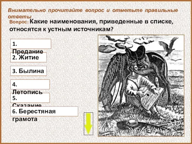 Вопрос: Какие наименования, приведенные в списке, относятся к устным источникам? Внимательно прочитайте