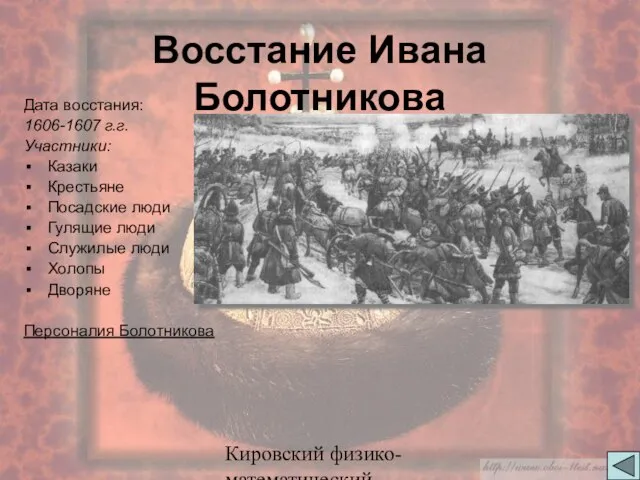 Кировский физико-математический лицей Восстание Ивана Болотникова Дата восстания: 1606-1607 г.г. Участники: Казаки