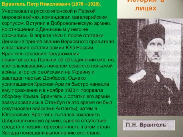 История в лицах Врангель Петр Николаевич (1878—1928). Участвовал в русско-японской и Первой