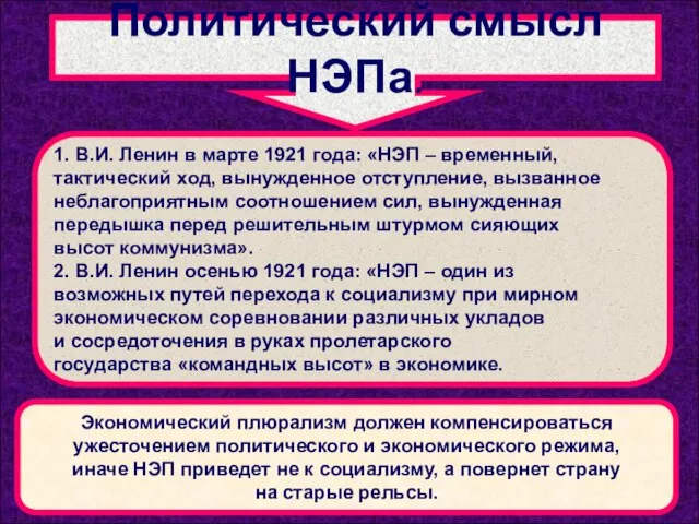 Политический смысл НЭПа. 1. В.И. Ленин в марте 1921 года: «НЭП –