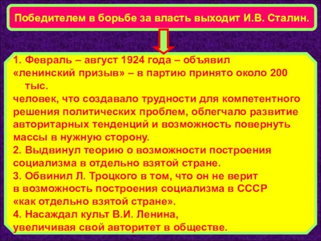 Победителем в борьбе за власть выходит И.В. Сталин. 1. Февраль – август