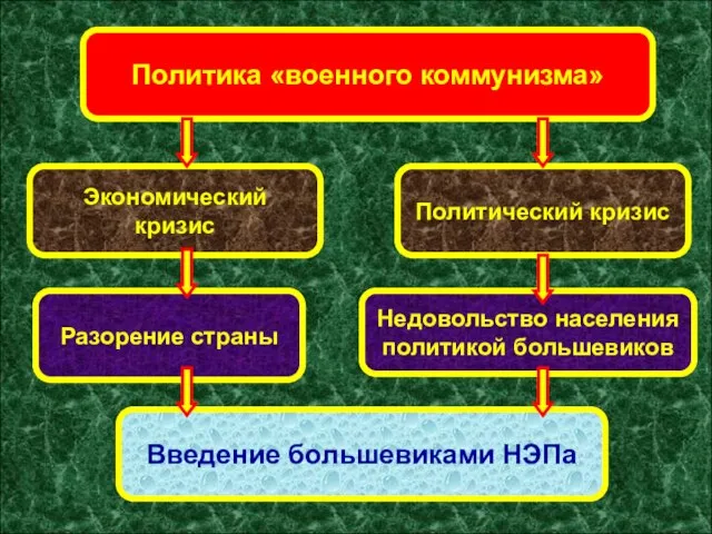 Политика «военного коммунизма» Разорение страны Политический кризис Экономический кризис Недовольство населения политикой большевиков Введение большевиками НЭПа