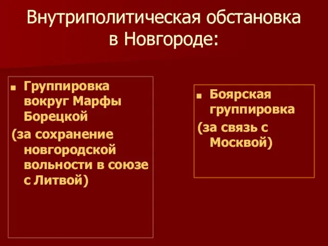 Внутриполитическая обстановка в Новгороде: Группировка вокруг Марфы Борецкой (за сохранение новгородской вольности