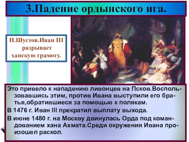 Это привело к нападению ливонцев на Псков.Восполь-зовавшись этим, против Ивана выступили его