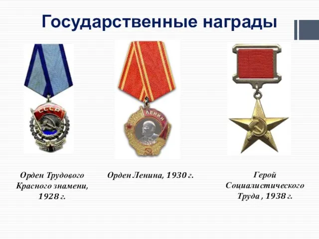 Государственные награды Орден Трудового Красного знамени, 1928 г. Орден Ленина, 1930 г.