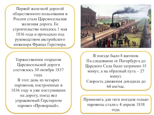 В поезде было 8 вагонов. На следование от Петербурга до Царского Села