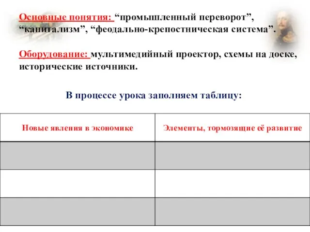 Основные понятия: “промышленный переворот”, “капитализм”, “феодально-крепостническая система”. Оборудование: мультимедийный проектор, схемы на