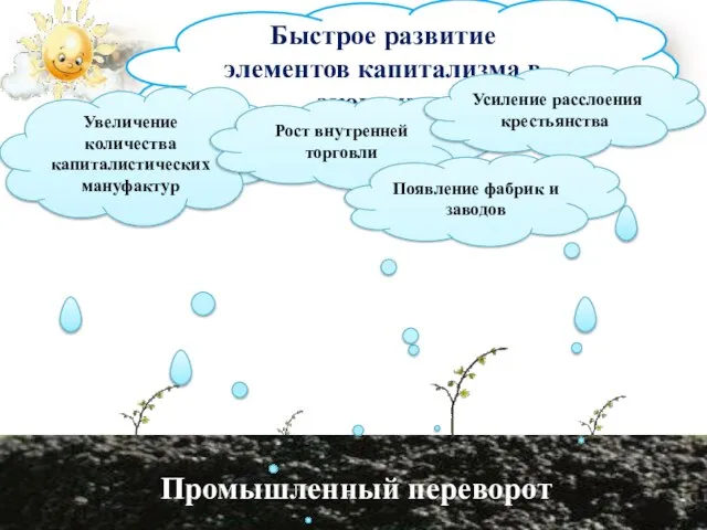 Быстрое развитие элементов капитализма в экономике Промышленный переворот Увеличение количества капиталистических мануфактур