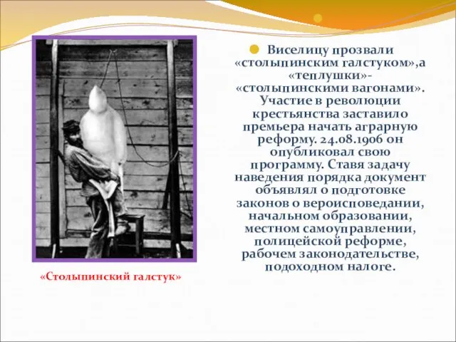 Виселицу прозвали «столыпинским галстуком»,а«теплушки»- «столыпинскими вагонами».Участие в революции крестьянства заставило премьера начать