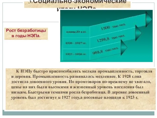 К НЭПу быстро приспособились мелкая промышленность, торговля и деревня. Промышленность развивалась медленнее.