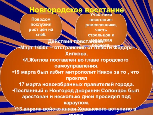 Новгородское восстание Поводом послужил рост цен на хлеб. Участники восстания: ремесленники, часть