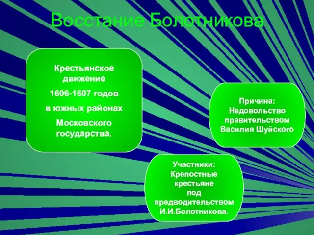 Восстание Болотникова Участники: Крепостные крестьяне под предводительством И.И.Болотникова. Причина: Недовольство правительством Василия