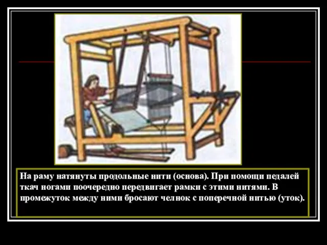 На раму натянуты продольные нити (основа). При помощи педалей ткач ногами поочередно