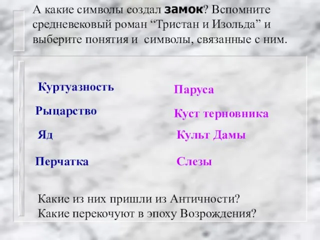 А какие символы создал замок? Вспомните средневековый роман “Тристан и Изольда” и