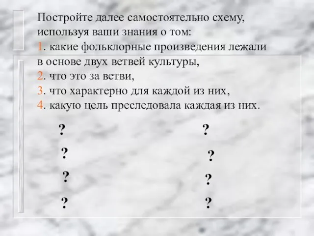 Постройте далее самостоятельно схему, используя ваши знания о том: 1. какие фольклорные