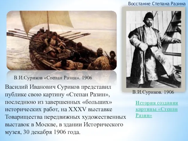 Василий Иванович Суриков представил публике свою картину «Степан Разин», последнюю из завершенных