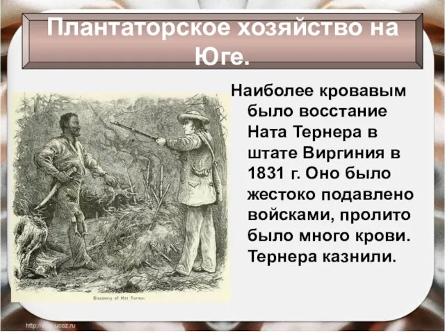 Наиболее кровавым было восстание Ната Тернера в штате Виргиния в 1831 г.