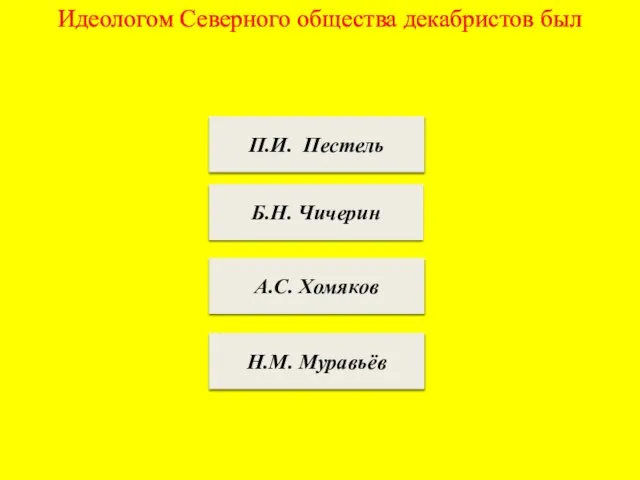 Идеологом Северного общества декабристов был П.И. Пестель Б.Н. Чичерин А.С. Хомяков Н.М. Муравьёв