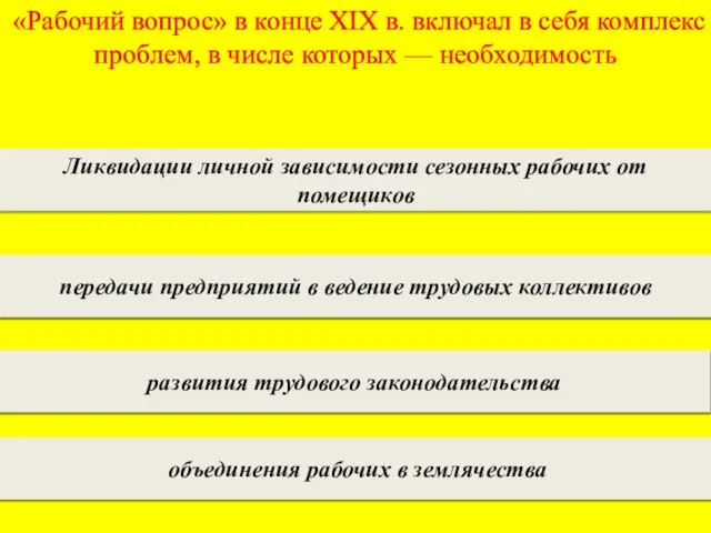 «Рабочий вопрос» в конце XIX в. включал в себя комплекс проблем, в