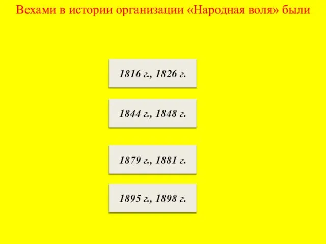 Вехами в истории организации «Народная воля» были 1816 г., 1826 г. 1844