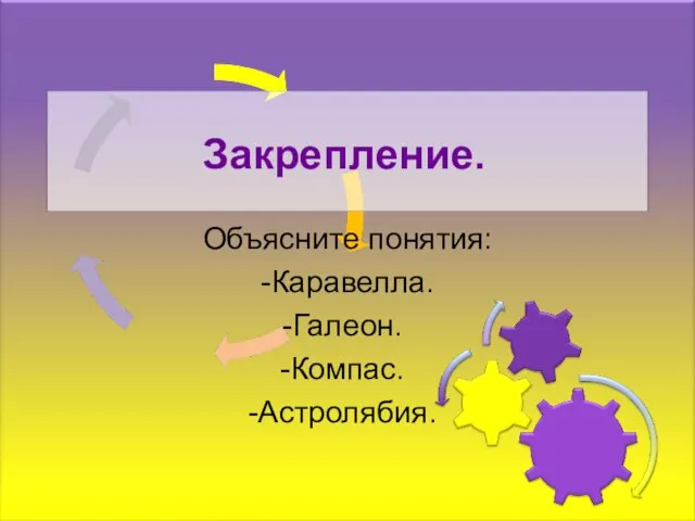 Закрепление. Объясните понятия: -Каравелла. Галеон. Компас. Астролябия.