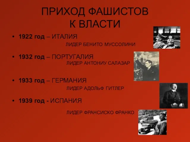 ПРИХОД ФАШИСТОВ К ВЛАСТИ 1922 год – ИТАЛИЯ ЛИДЕР БЕНИТО МУССОЛИНИ 1932