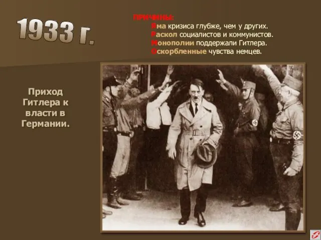 Приход Гитлера к власти в Германии. 1933 г. ПРИЧИНЫ: Яма кризиса глубже,