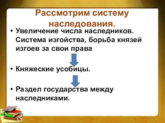 Рассмотрим систему наследования. Увеличение числа наследников. Система изгойства, борьба князей изгоев за