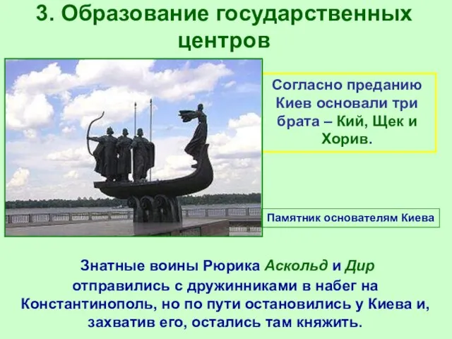 3. Образование государственных центров Знатные воины Рюрика Аскольд и Дир отправились с