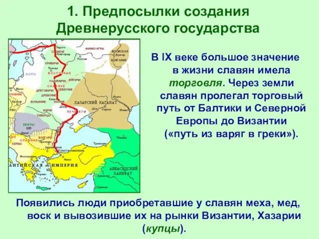 1. Предпосылки создания Древнерусского государства Появились люди приобретавшие у славян меха, мед,