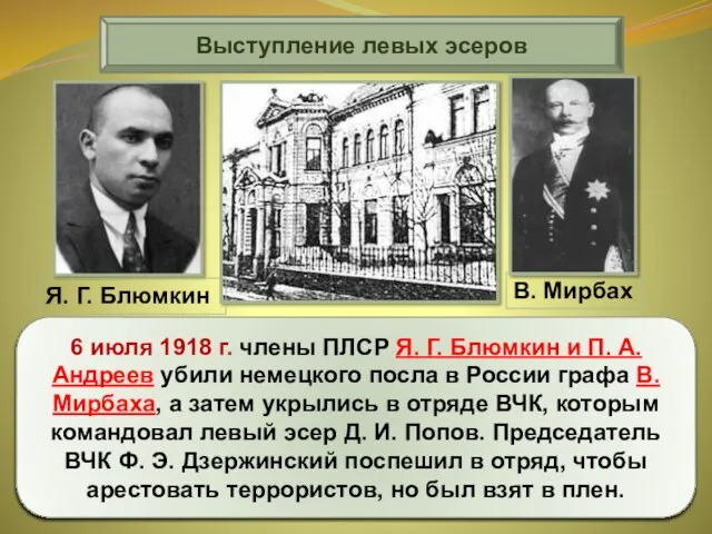 Выступление левых эсеров 6 июля 1918 г. члены ПЛСР Я. Г. Блюмкин