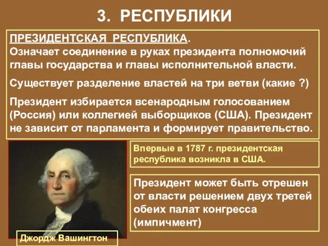 3. РЕСПУБЛИКИ ПРЕЗИДЕНТСКАЯ РЕСПУБЛИКА. Означает соединение в руках президента полномочий главы государства